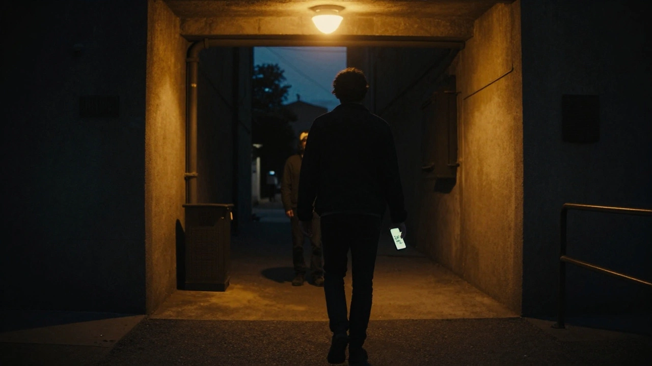Person walking away from a dark alley at dusk, holding a phone with a safety check-in message.
