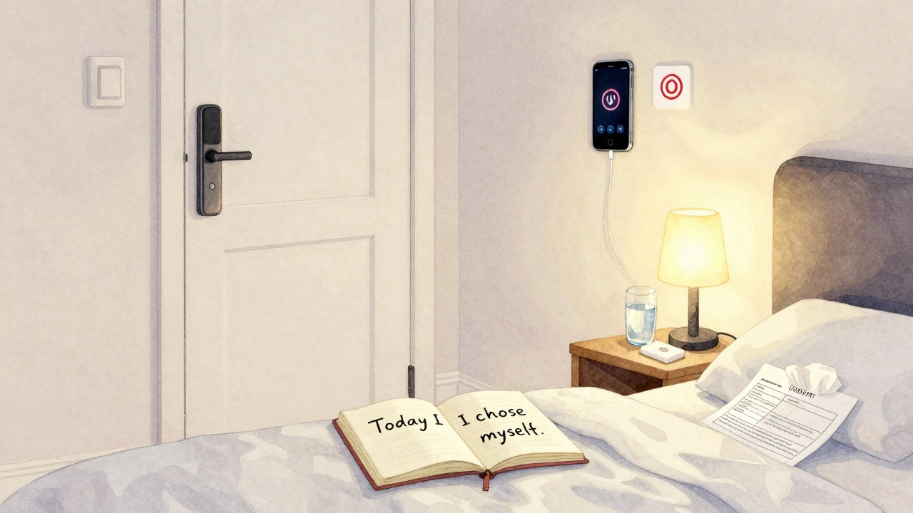 Safe incall room with privacy features and a journal showing personal reflection.