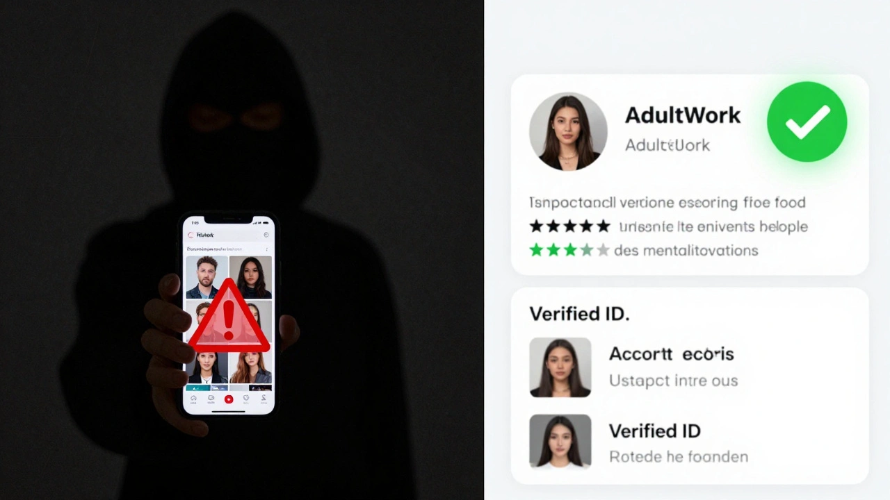 Side-by-side comparison: fake escort ad vs. verified profile with ID badge, one dark and suspicious, one clean and safe.