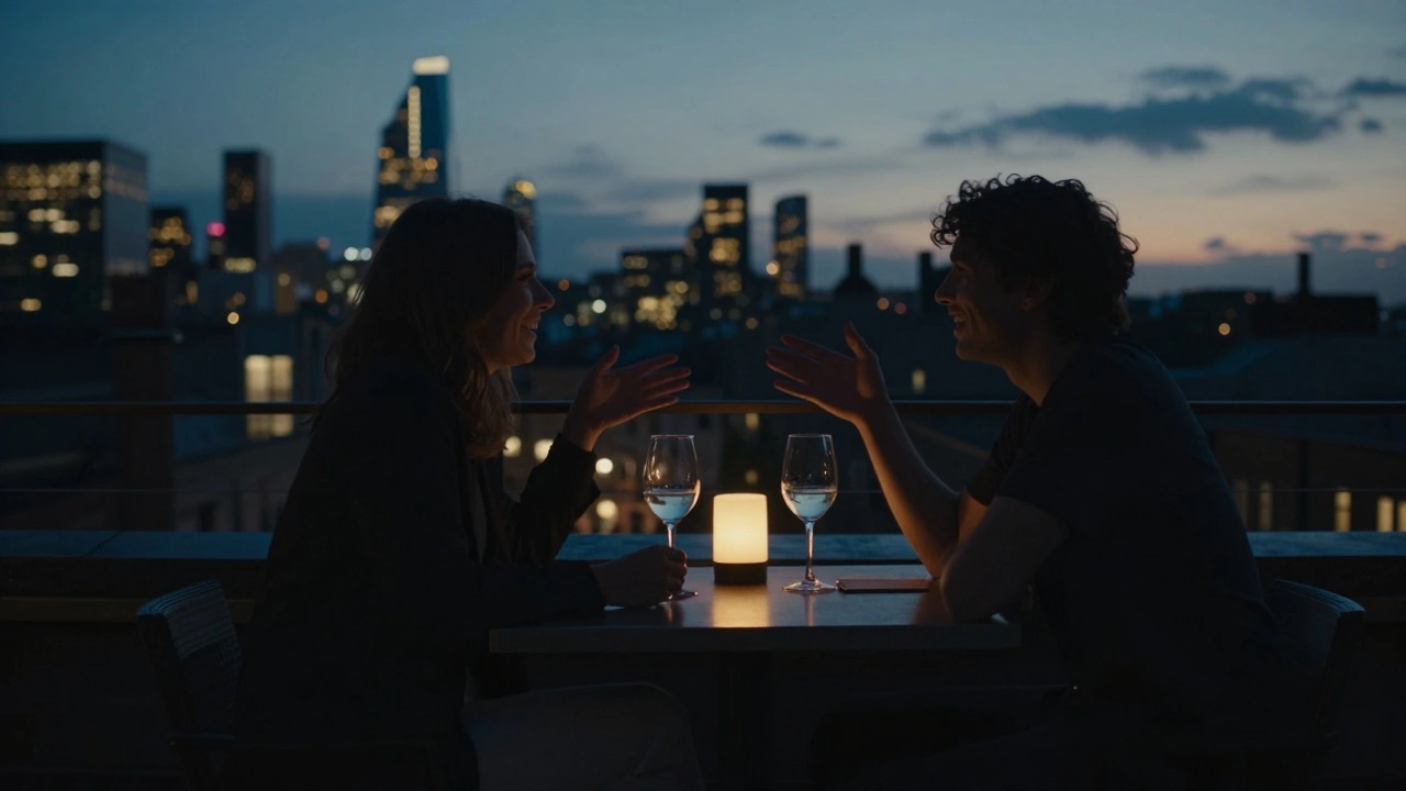 Silhouetted figures laugh on a rooftop lounge at twilight, symbolizing emotional connection and anonymity in London.