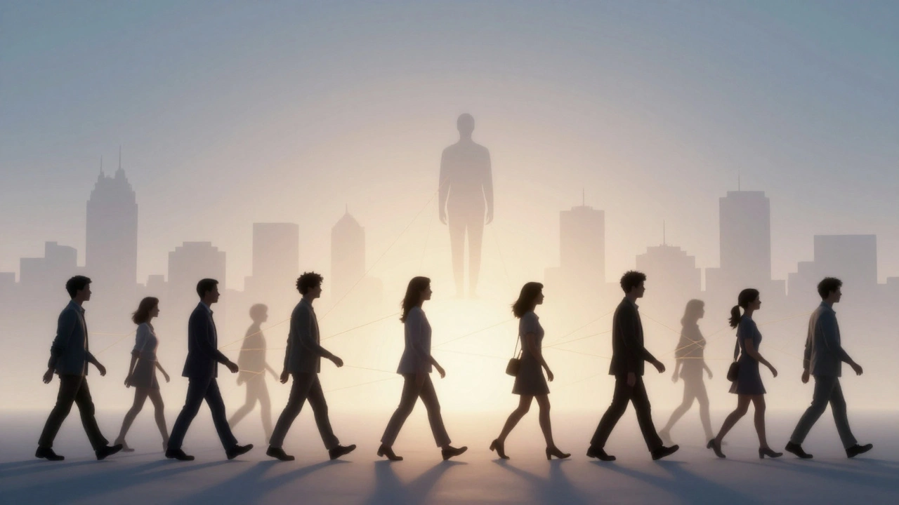 Silhouetted individuals connected by glowing threads to a central figure symbolizing human companionship.