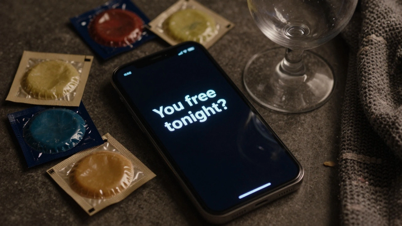 Smartphone screen showing a casual sex text message, surrounded by condom wrappers and a wine glass in dim light.