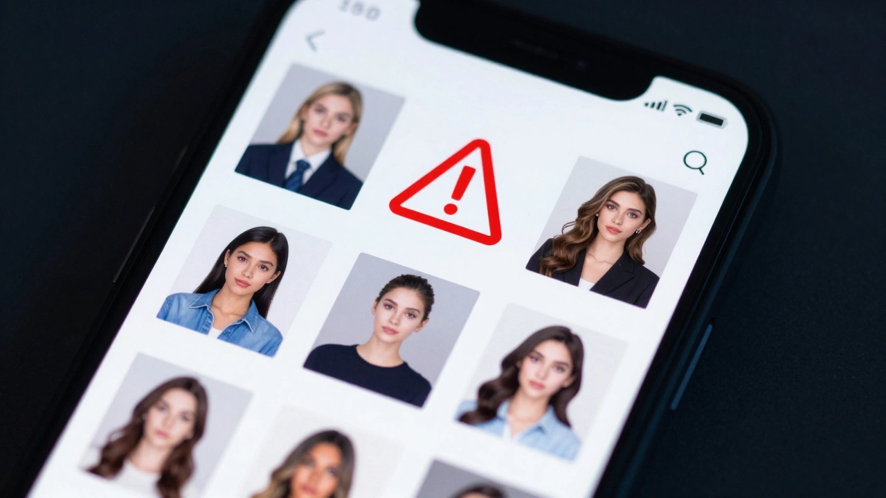Smartphone screen showing fake escort profile with duplicate photos and a red warning symbol.