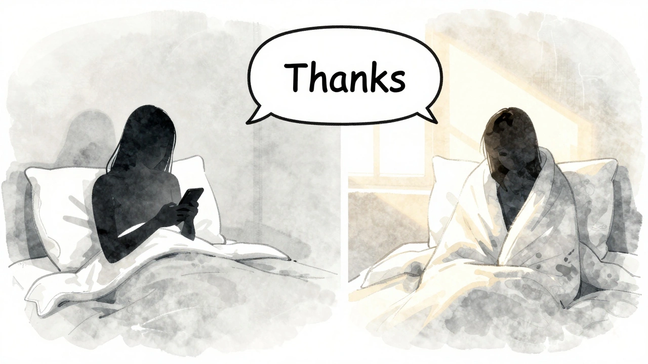 Split image: one person alone at night texting, same person alone in sunlight morning, text bubble reads &#039;Thanks&#039;.
