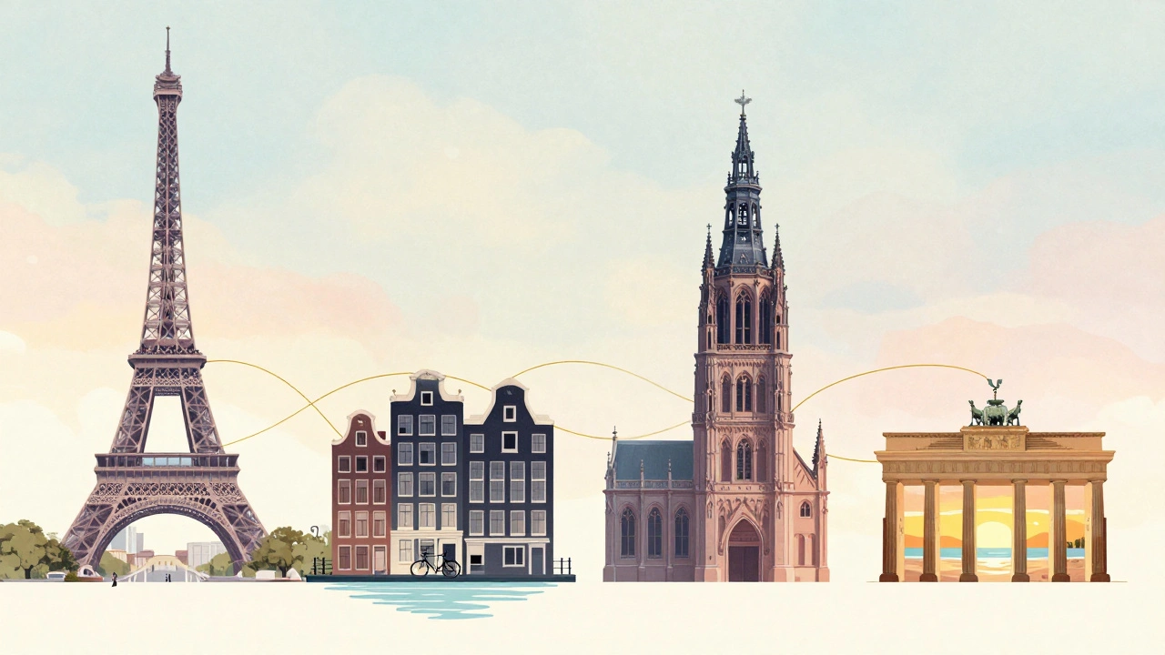 Stylized silhouettes of five European cities connected by a golden thread, symbolizing companionship.