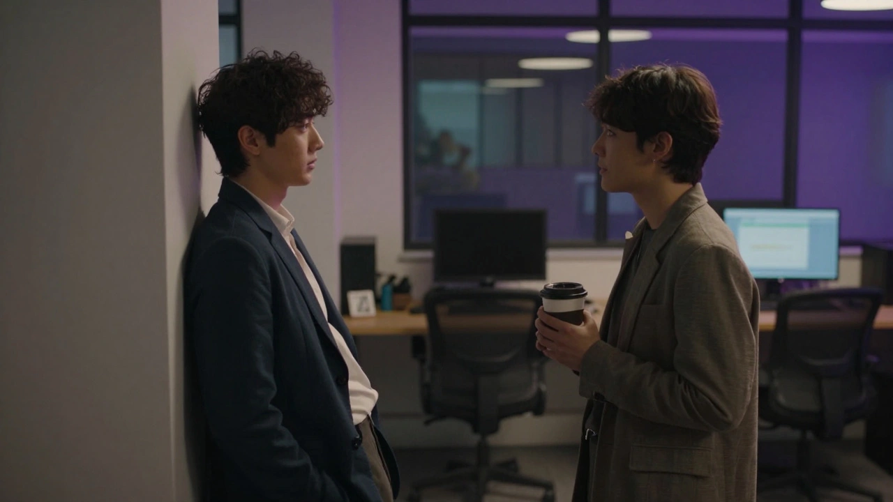Two coworkers exchange a silent look after hours in a dim office, tension in their posture, no touch, no words.