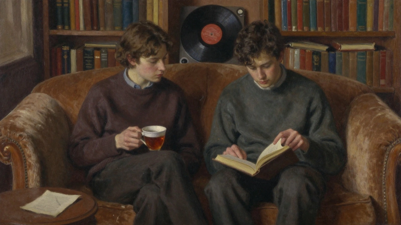 Two figures on a sofa in a book-lined study, sharing a quiet moment with a poetry book open.