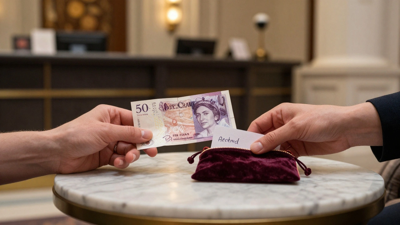 Two hands exchanging cash and a note on a marble table, with a hotel lobby blurred in the background.