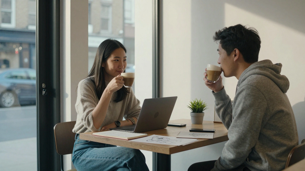 Two people enjoying a relaxed coffee meeting in a Shoreditch café, phones away, engaged in genuine talk.