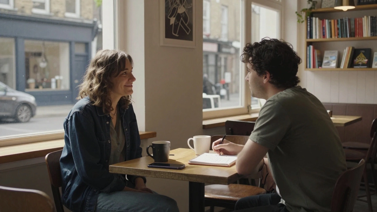 Two people having a quiet, respectful conversation in a Shoreditch coffee shop.
