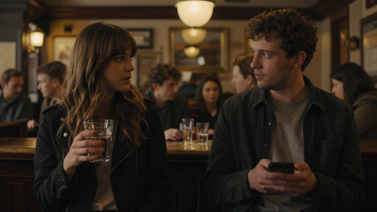 Two people in a busy London pub, glancing at each other but staying apart, emotional distance palpable in the crowd.