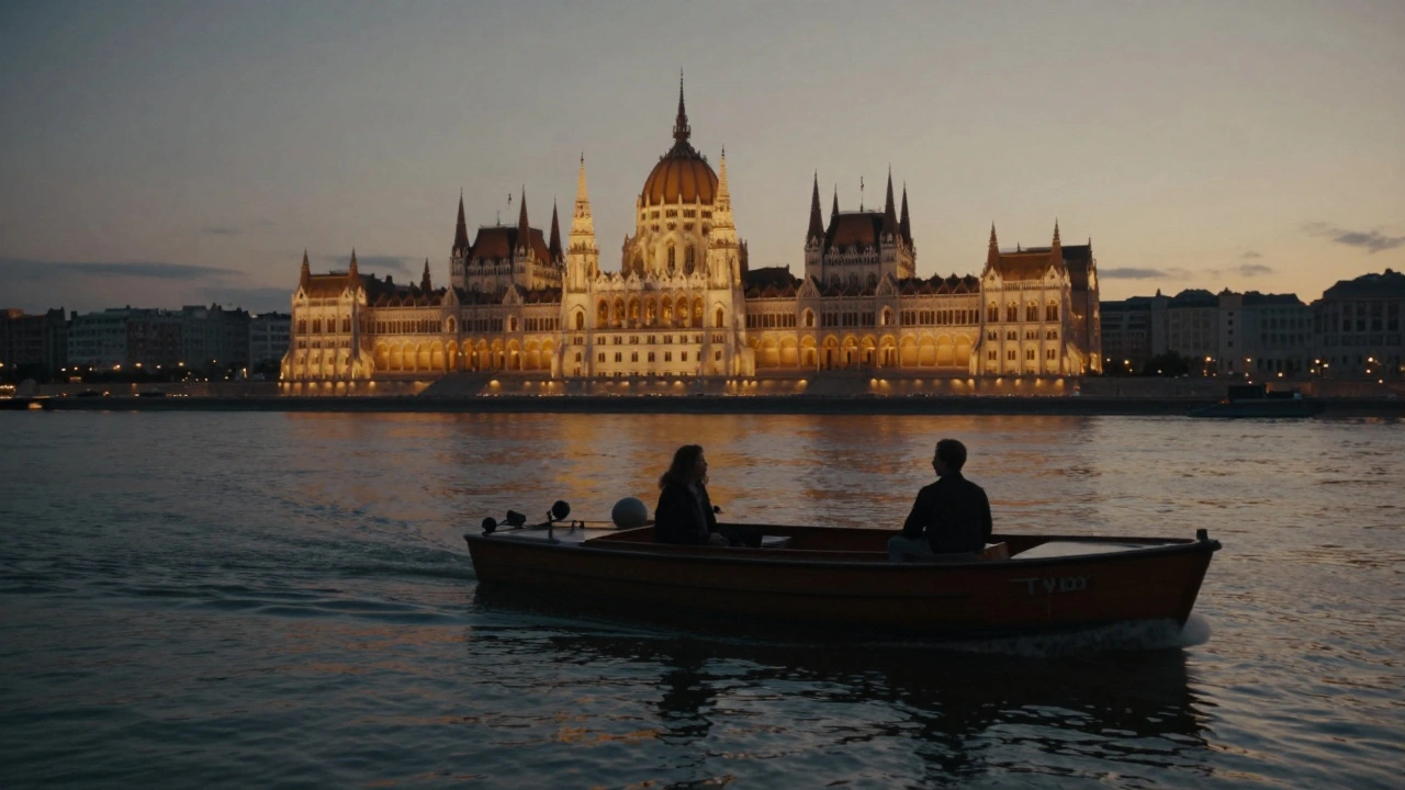 Two people on a private Danube boat at sunset, Vienna&#039;s Parliament glowing in the distance.
