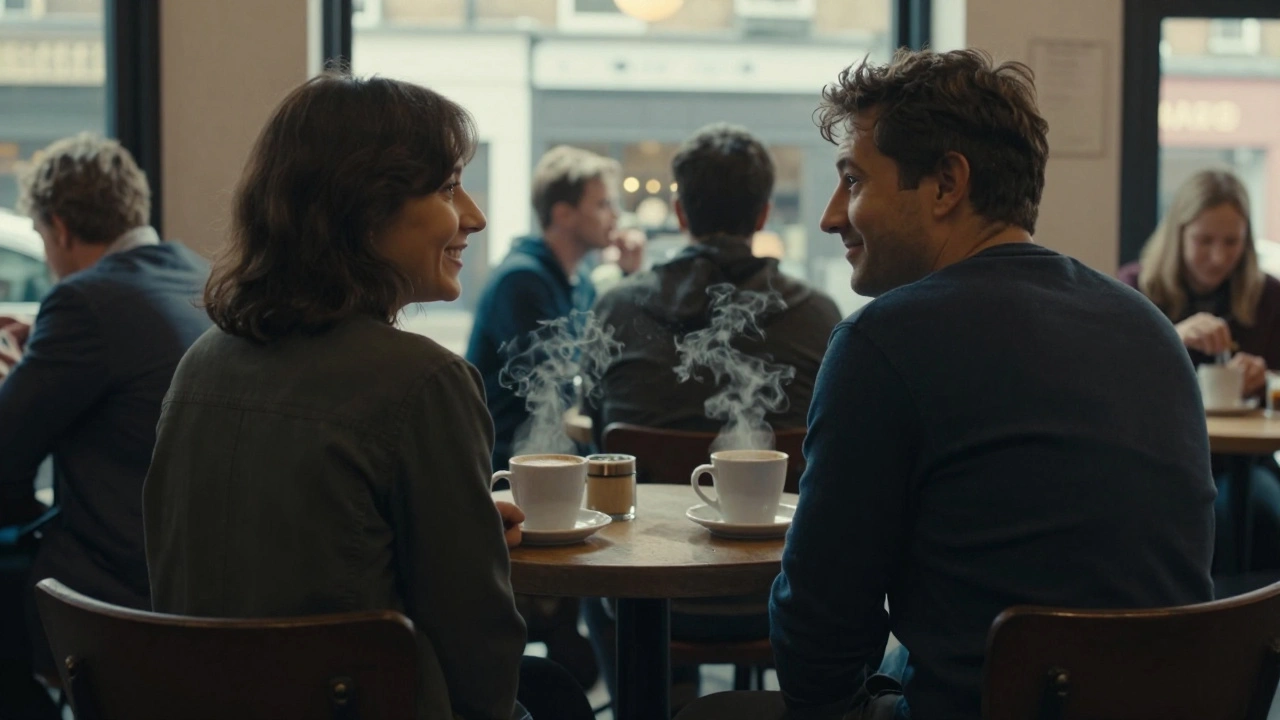 Two people recognize each other in a London coffee shop and share a subtle, respectful nod.