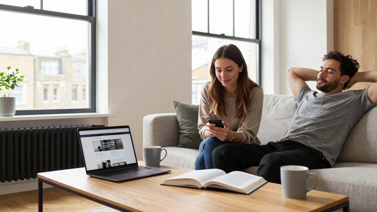 Two people share coffee in a bright apartment, with a verified website visible on a laptop, emphasizing companionship.