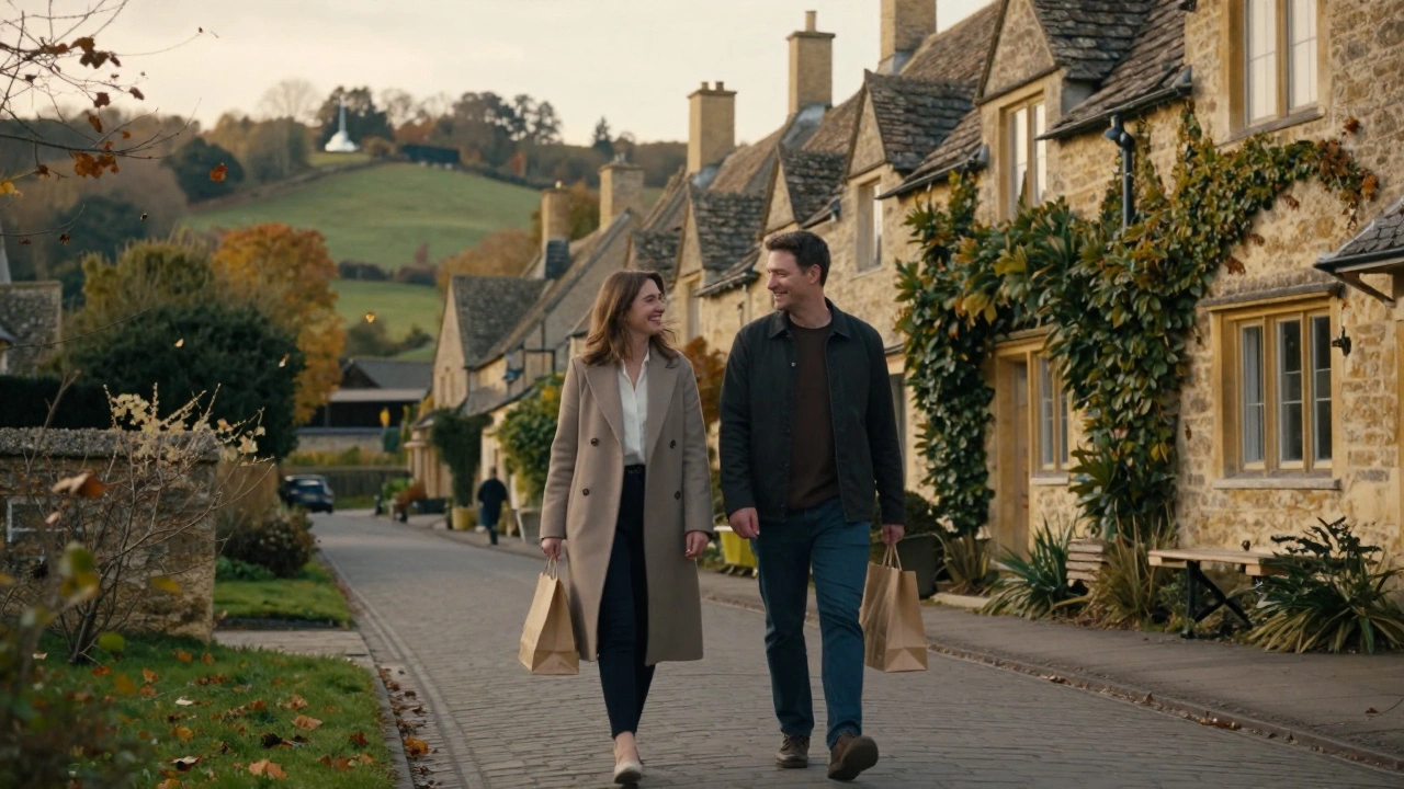 Two people walking hand-in-hand along a peaceful Cotswolds path at sunset, enjoying a quiet companionship moment.