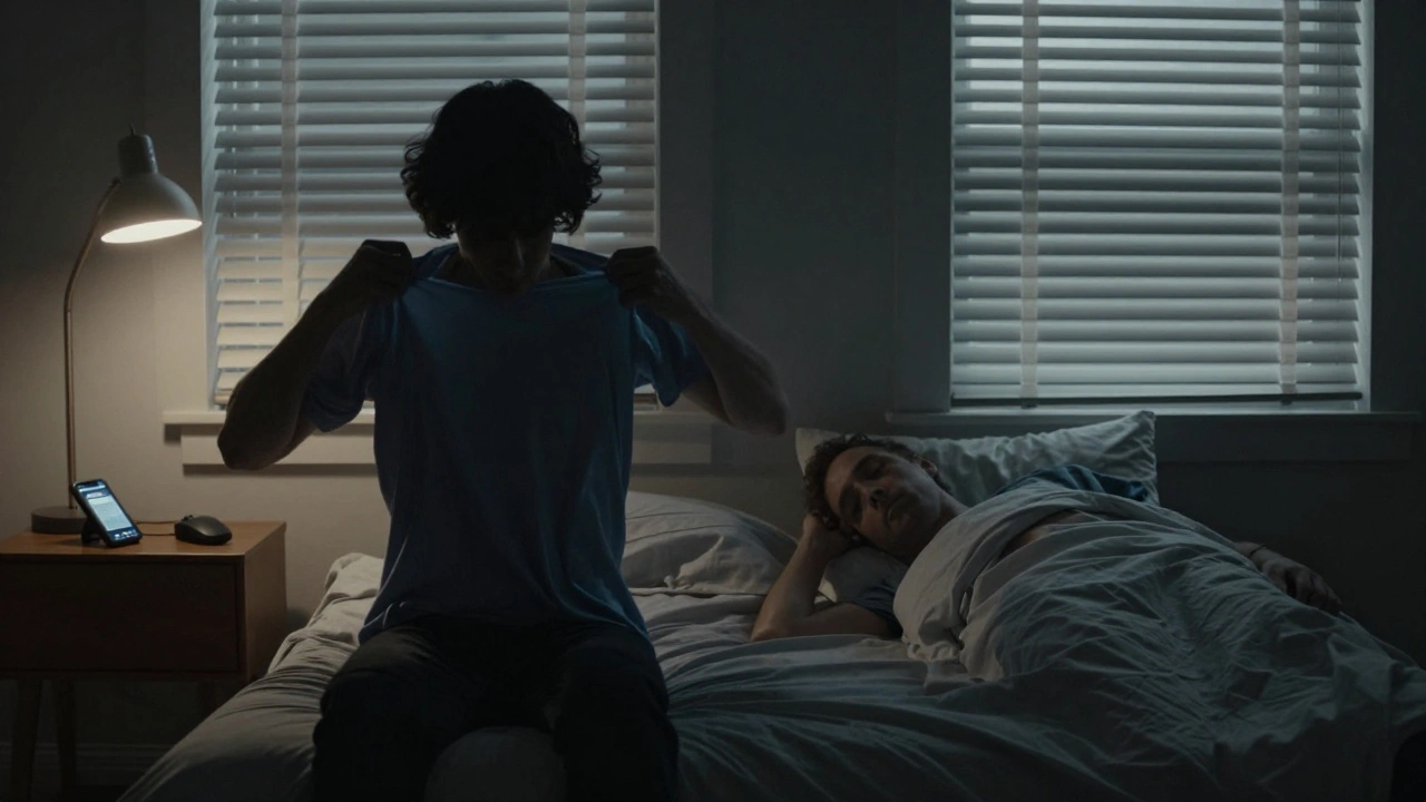 Two silhouettes in a bedroom, one dressing while the other rests, no physical contact.