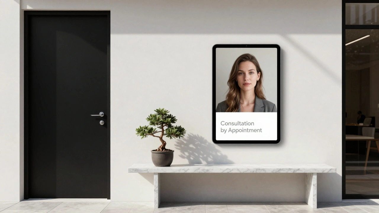 A discreet, elegant agency entrance in Knightsbridge with no signage, conveying privacy and professionalism.