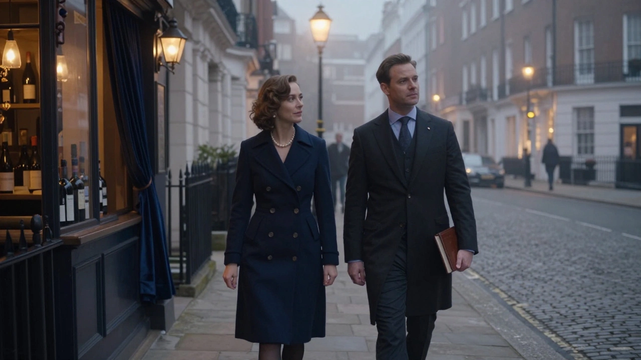 A discreetly dressed couple walks through a quiet Mayfair street at night, elegant and silent, surrounded by historic architecture.