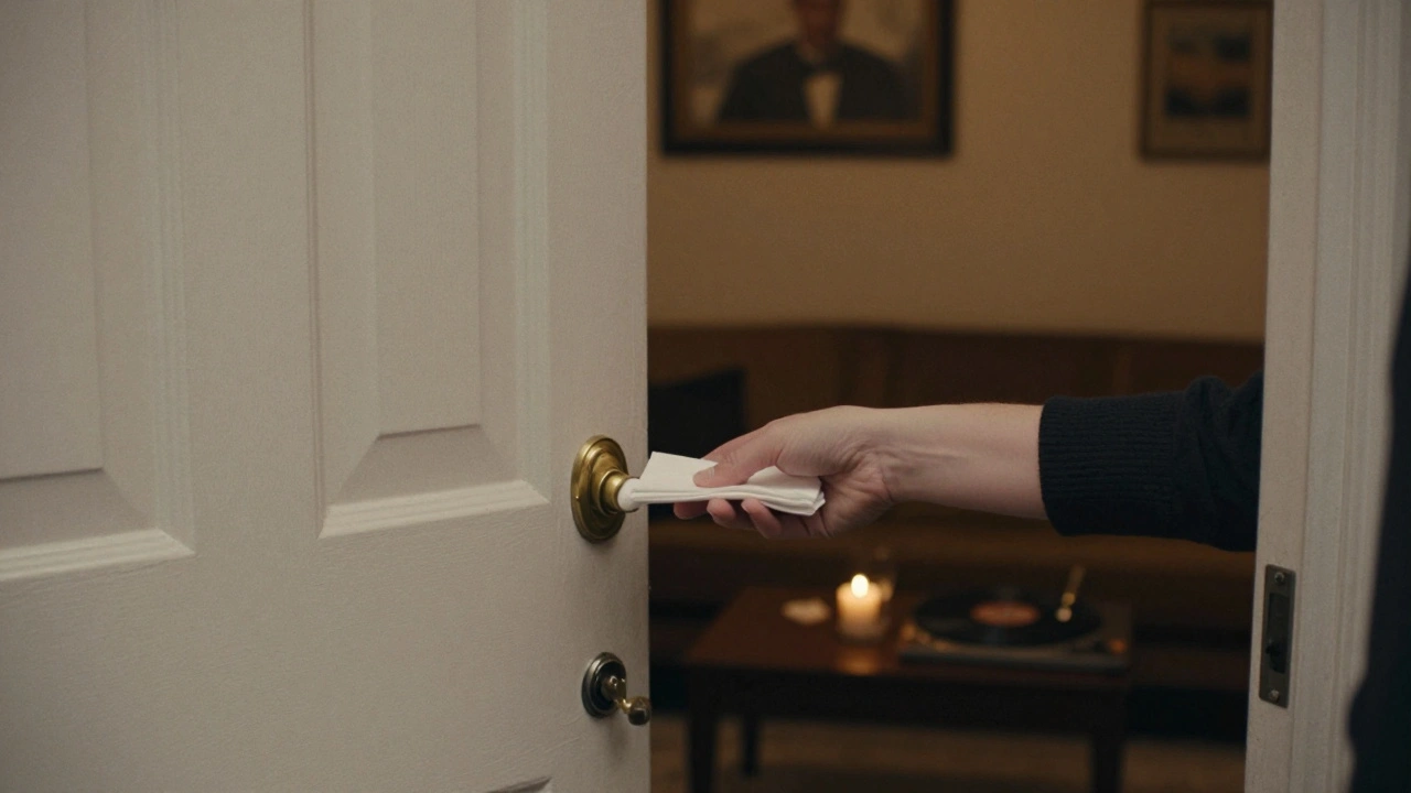 A gentle hand offering a napkin in a discreet London townhouse, candlelight and jazz music in the background.