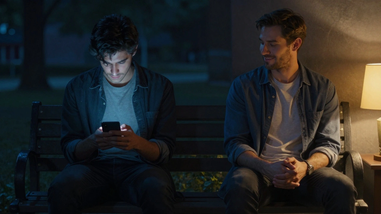 A man alone on a park bench versus him at peace in a quiet room, symbolizing loneliness and connection.