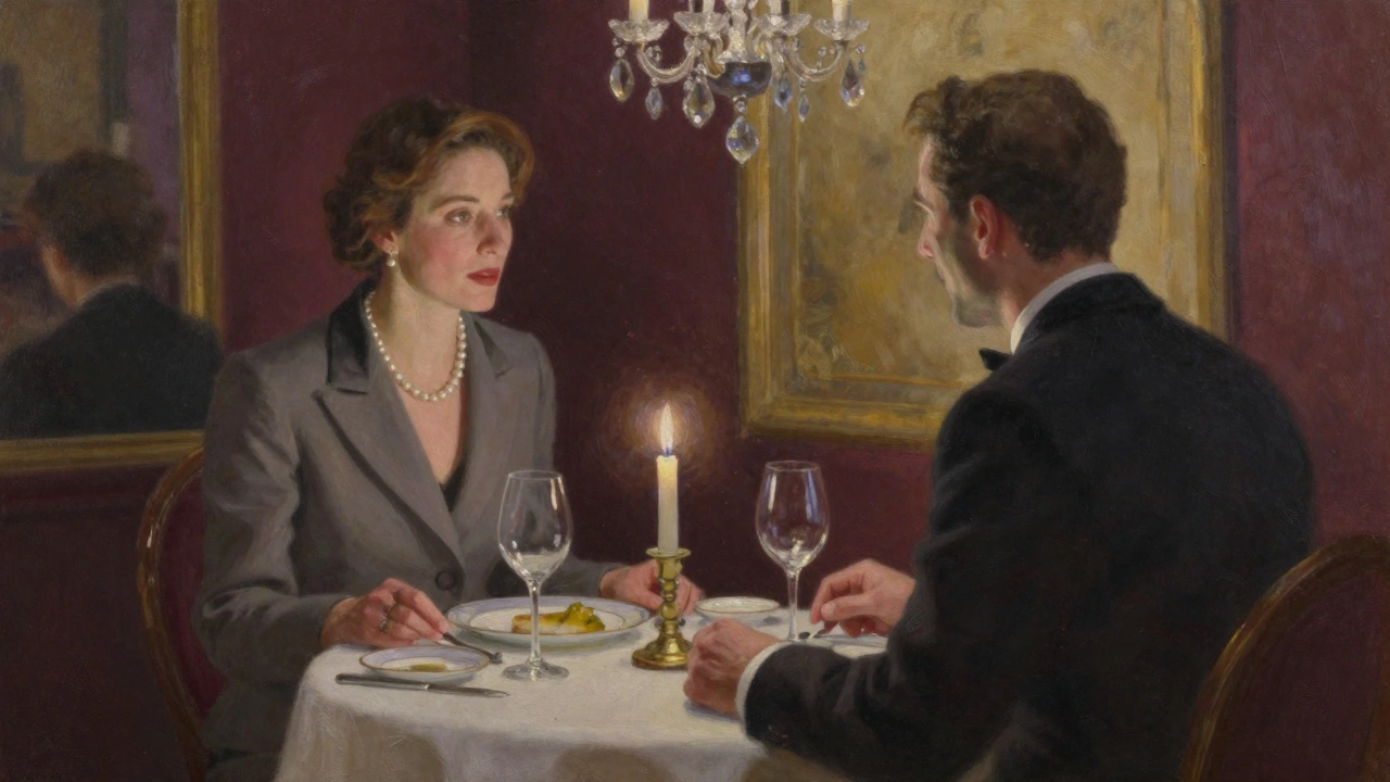 A man and woman share a quiet dinner at a private members' club, candlelight reflecting off fine china.