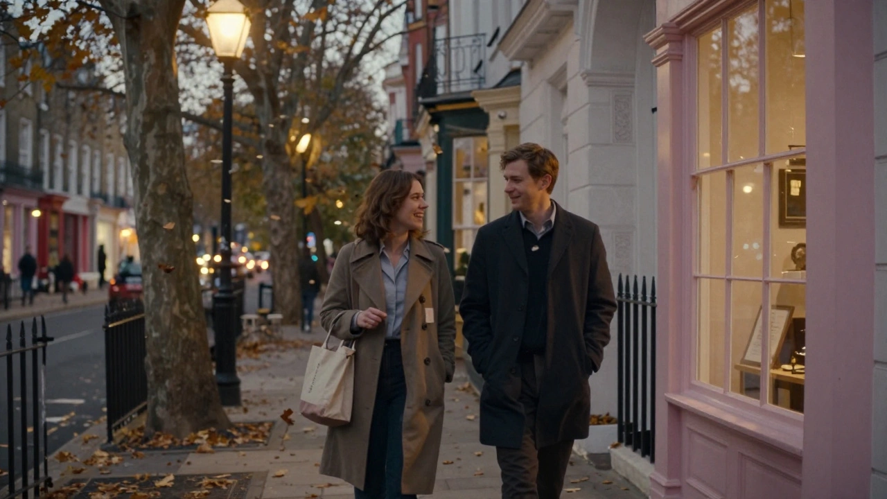 A man and woman walking together through the cozy streets of Notting Hill at dusk, laughing softly.