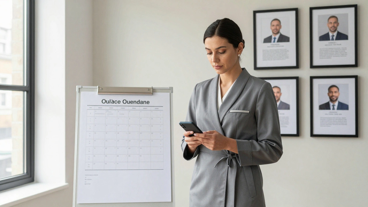 A professional escort reviewing messages in a bright, minimalist studio, exuding calm authority.