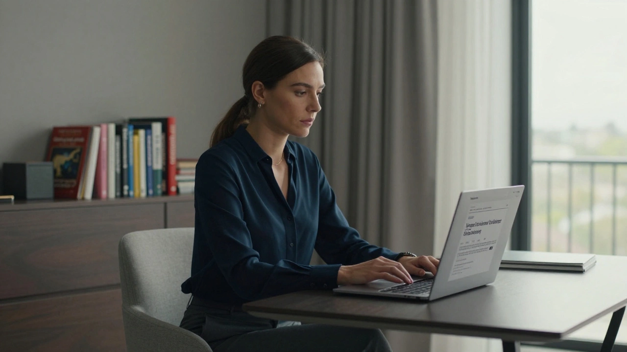 A professional woman reviewing a verified escort directory on her laptop in a tidy apartment.