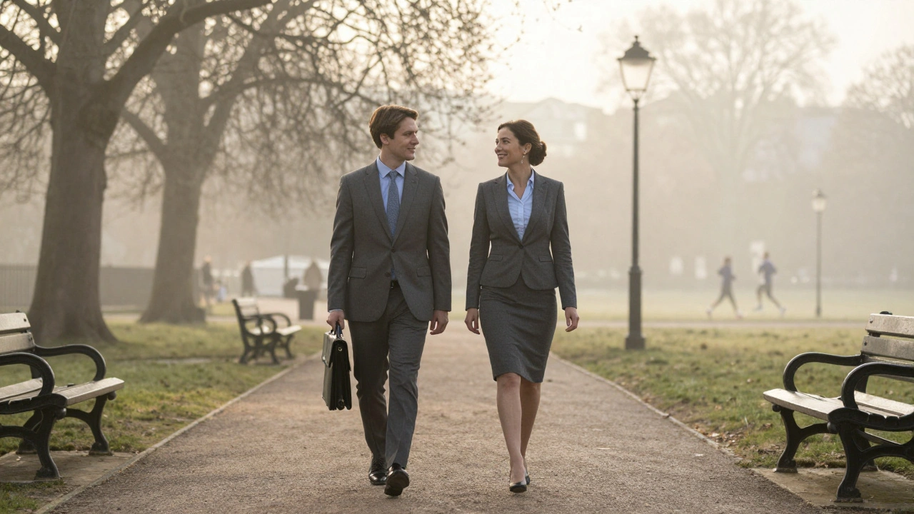 A professional woman walks through Greenwich Park with a client at sunrise, embodying elegant companionship.