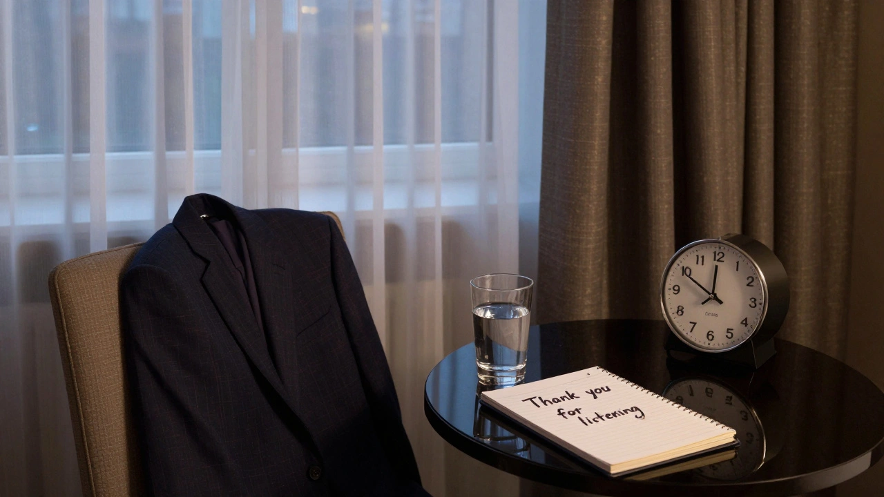 A serene hotel room at dusk, showing only a folded jacket and a handwritten thank-you note.