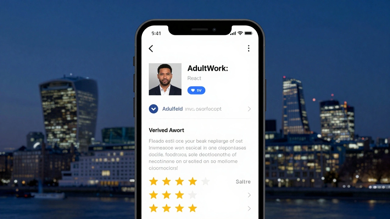 A smartphone shows a verified escort profile with real photos and positive reviews on a London night skyline.
