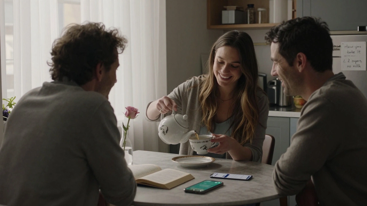 A warm morning scene in a cozy flat: a woman pours tea for a client, their conversation relaxed and personal.