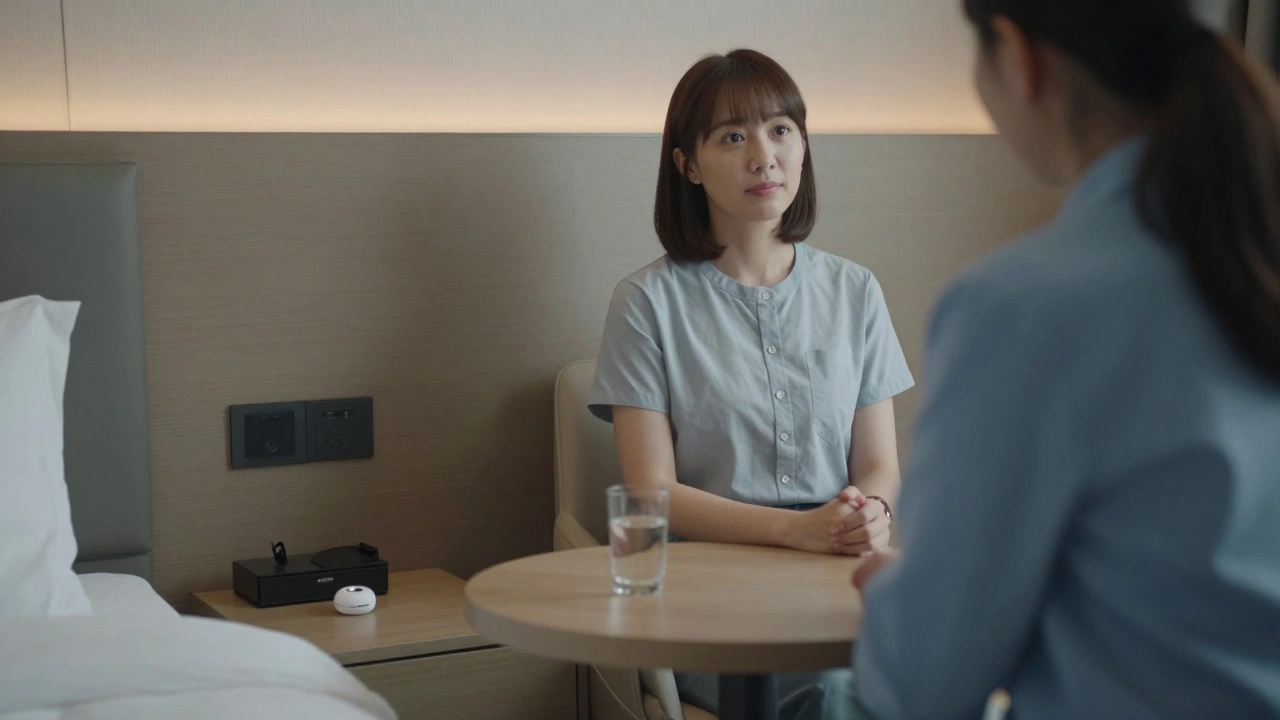 A woman in a secure hotel room, calm and prepared, with a panic button visible.
