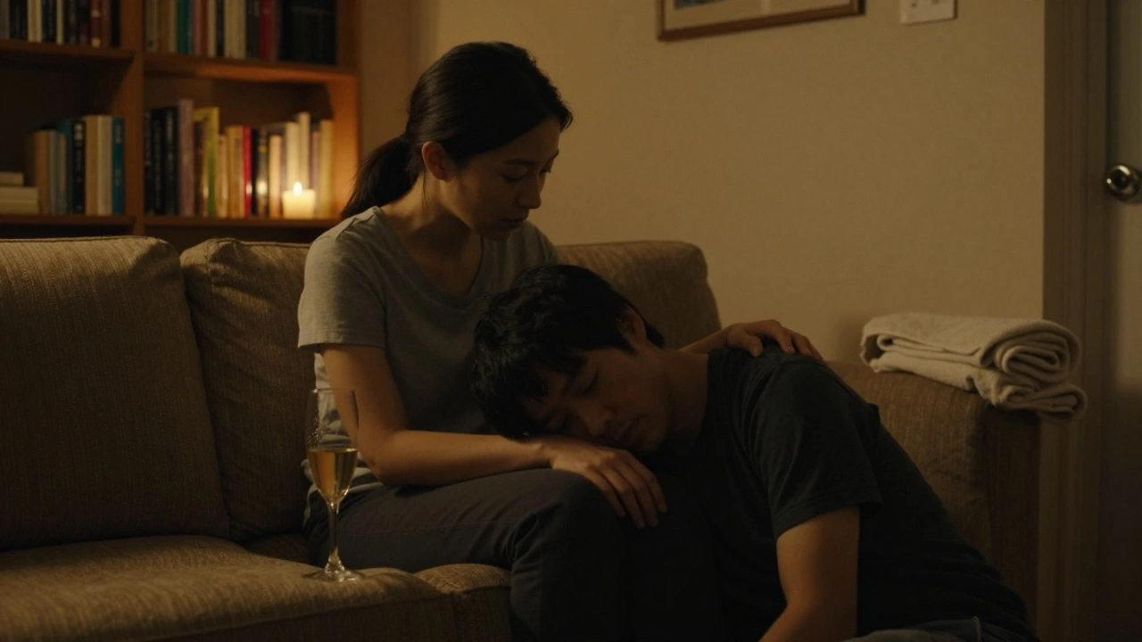 A woman offers gentle comfort to a man resting on a sofa, surrounded by candlelight and quiet domestic details.