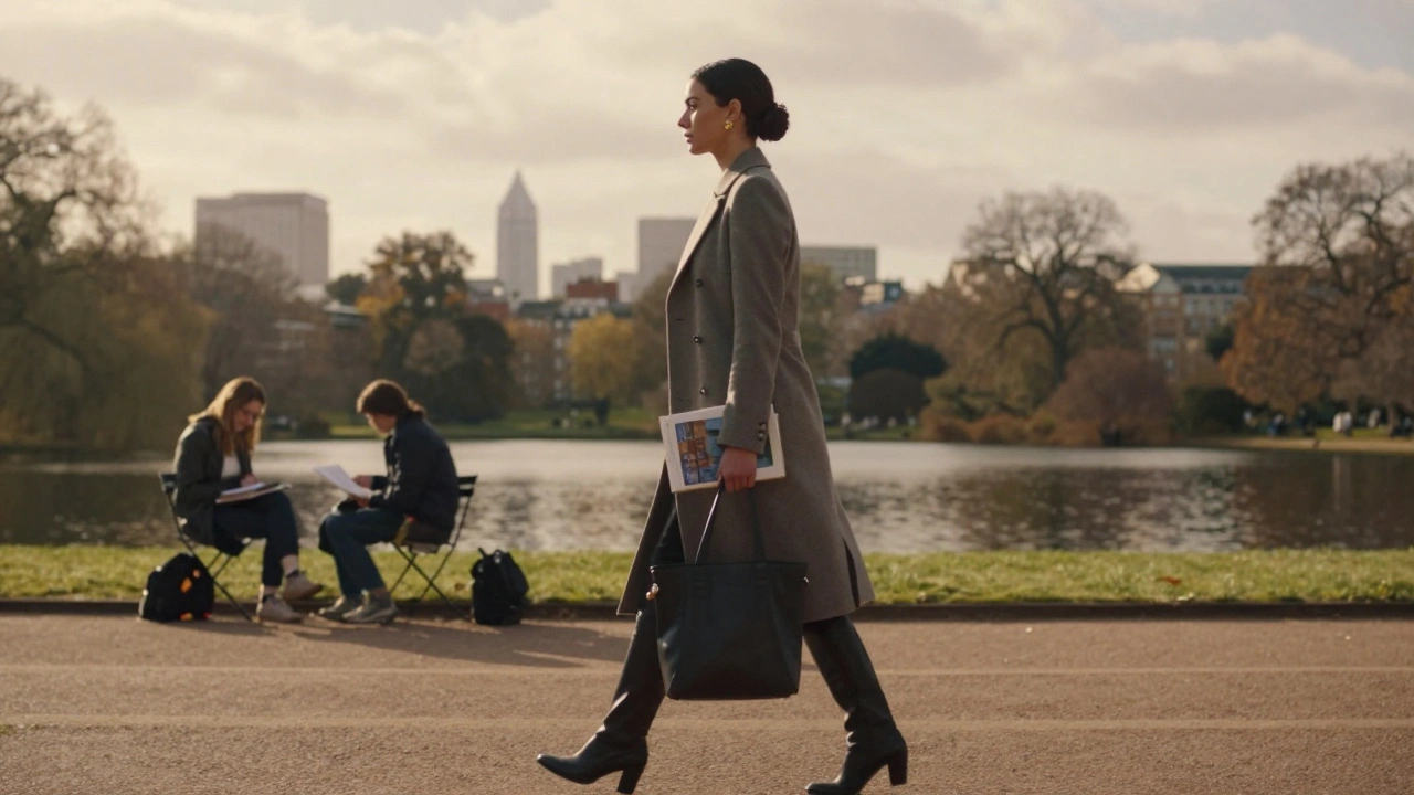 An elegant woman walking through Regent’s Park at dusk, carrying a tote bag, surrounded by the calm of nature and cityscape.