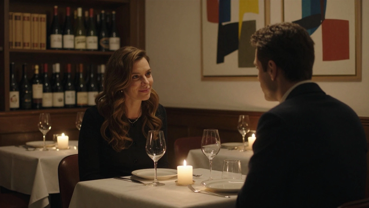 Candlelit dinner in Mayfair restaurant, couple engaged in quiet conversation, no faces shown.