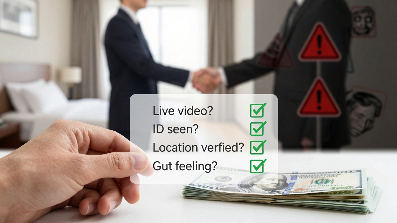 Credit card beside cash with safety checklist overlay, two paths showing safe vs dangerous outcomes.