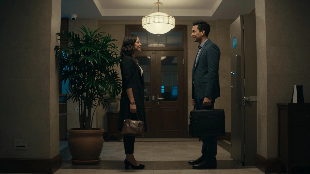 First meeting in a hotel lobby, man and woman standing politely, safe and public setting, no touch.