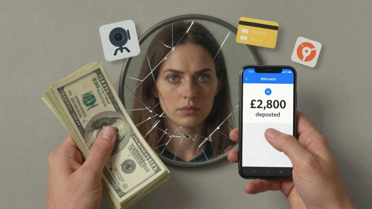 Hands holding cash and a digital payment notification, with a mirror reflecting a determined face and symbols of sex work.