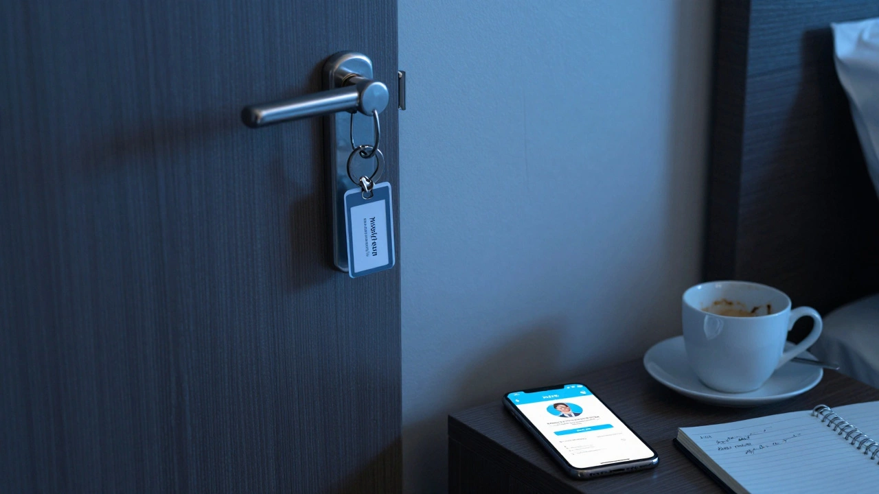 Hotel room with keycard and escort profile on phone, conveying trust and discretion.
