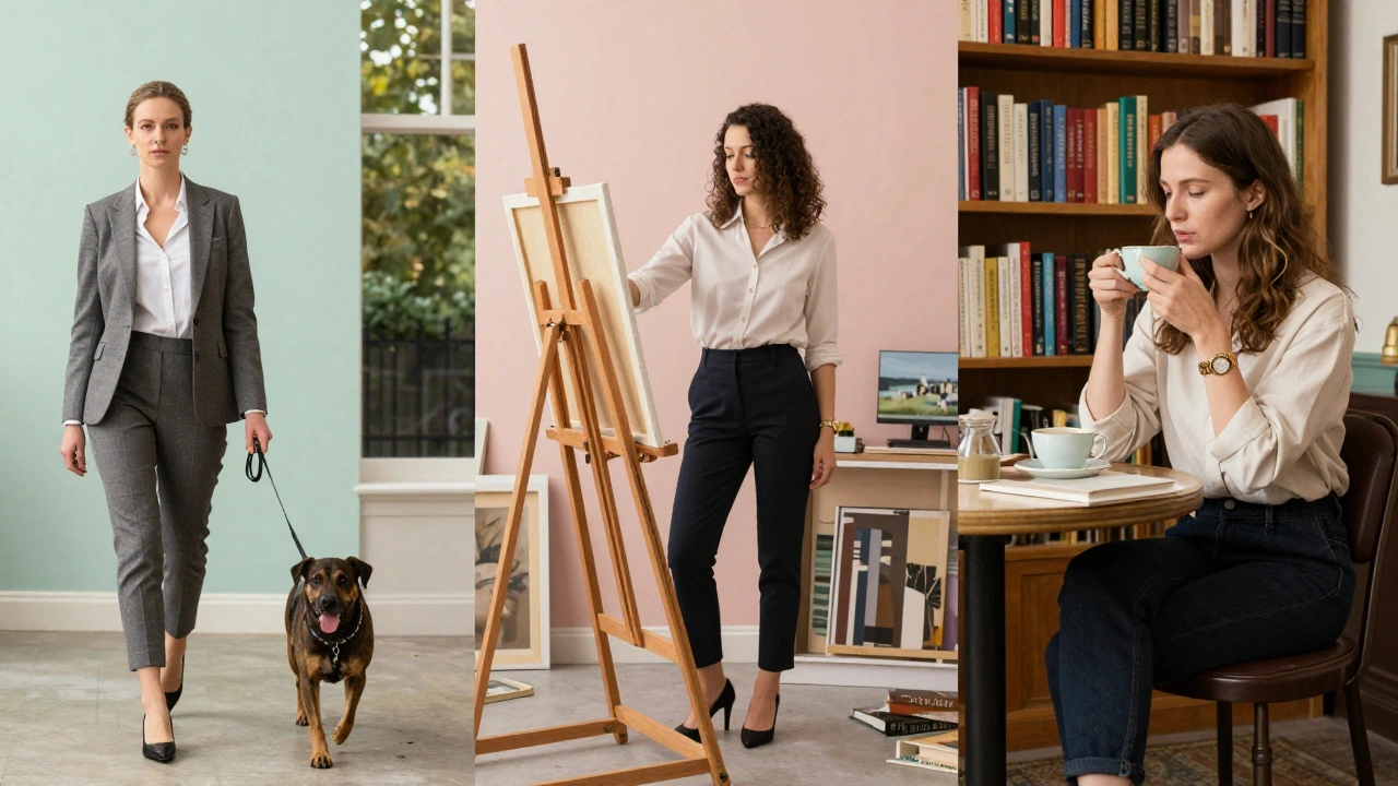 Independent escorts shown in everyday professional settings: walking a dog, painting, reading.