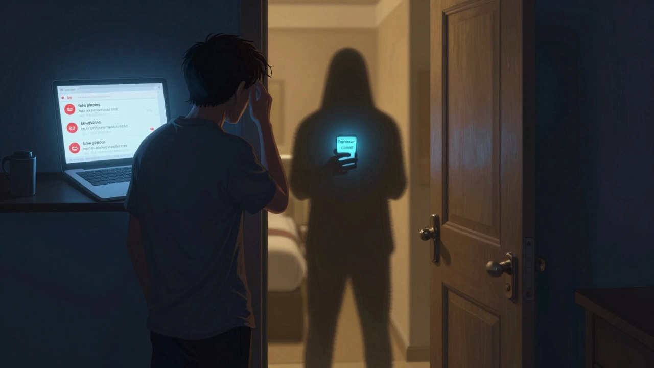 Man hesitating at hotel room door, laptop showing scam warnings, shadowy figure inside.