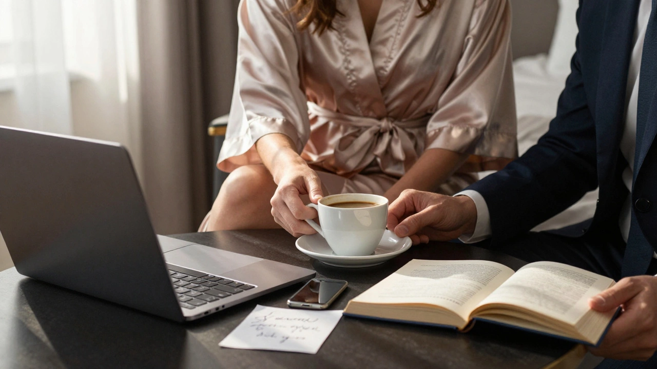 Morning light in a high-end hotel suite as a woman places coffee beside a man in his suit, calm and intimate.