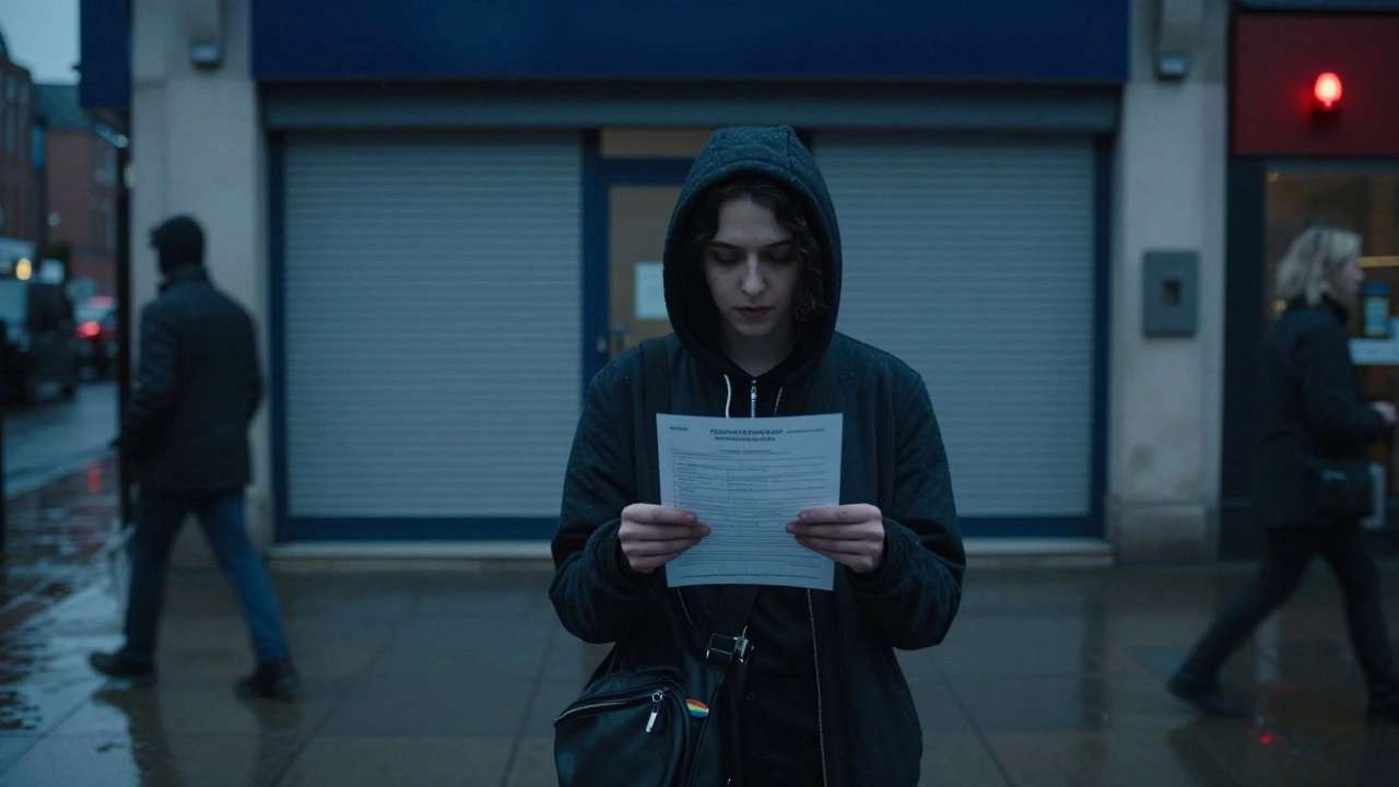 Non-binary person outside a closed bank, holding a rejected form, rain reflecting neon lights, looking isolated.
