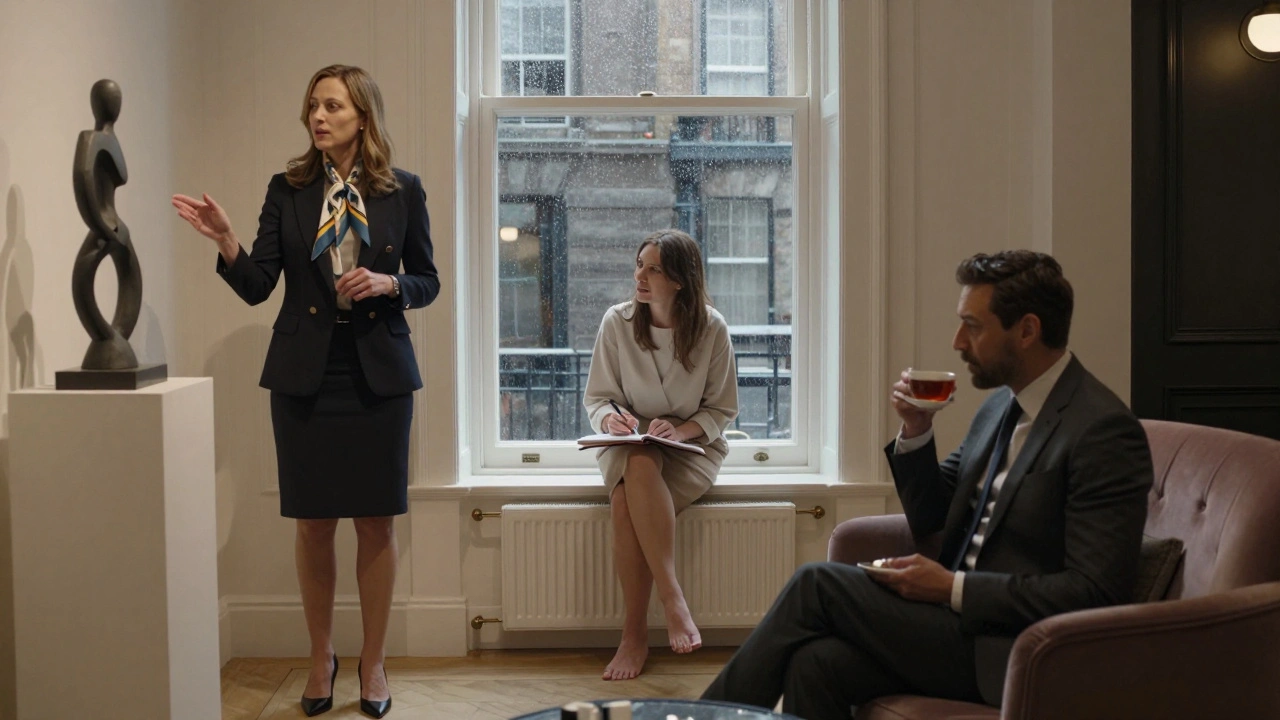 Three elegant women in London settings: diplomat in an art gallery, artist sketching by a window, executive in a private club.