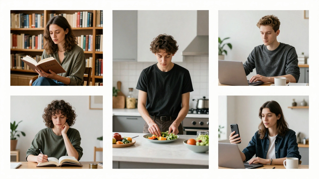 Three independent escorts are shown in daily life — reading, cooking, and video-calling — revealing their diverse identities.