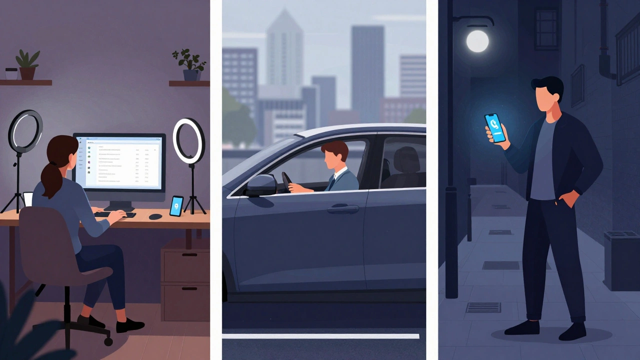 Three scenes showing online camming, agency work, and street-based sex work in London with varying lighting and settings.