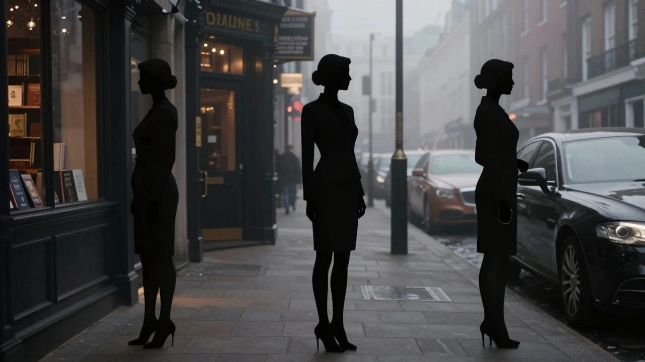 Three silhouettes represent elite companions in London, each near a symbol of their refined role.