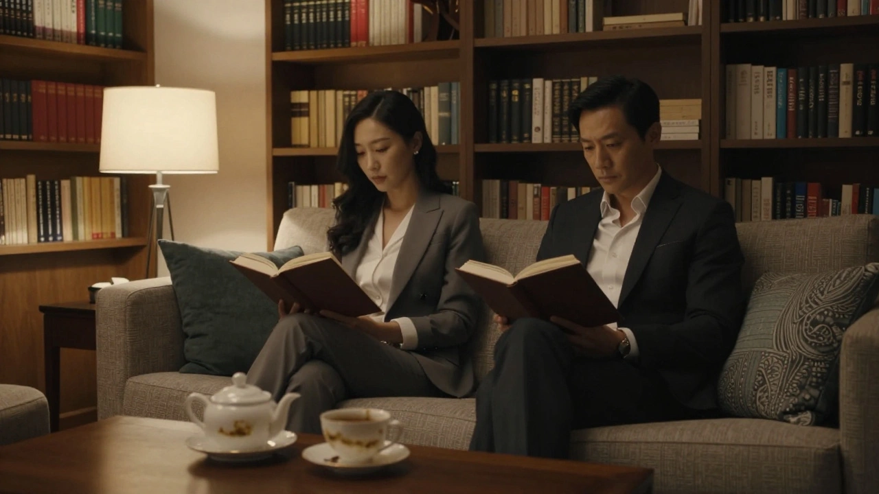 Two people reading peacefully together in a softly lit London apartment.
