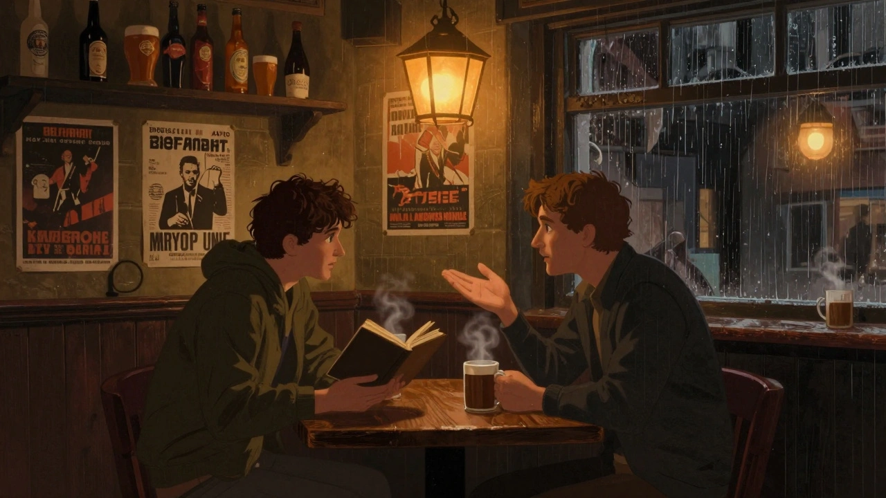 Two people sit in a cozy Brick Lane pub, sharing a quiet moment over steaming mugs with warm lantern light and rain-streaked windows.